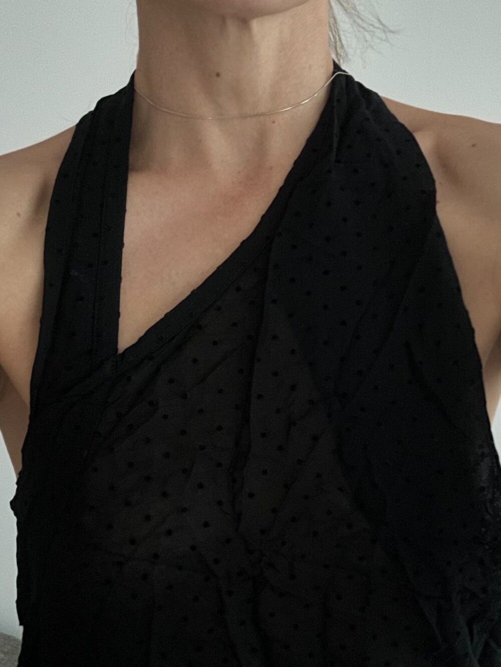 Ann Demeulemeester Black Asymmetric Flocked Polka Dot Chiffon Backless Top – 38